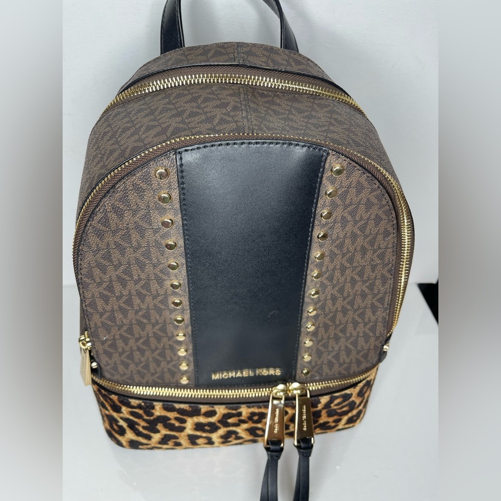 Michael Kors Rhea Studded Leopard Print Calf Hair Backpack - Picture 2 of 16